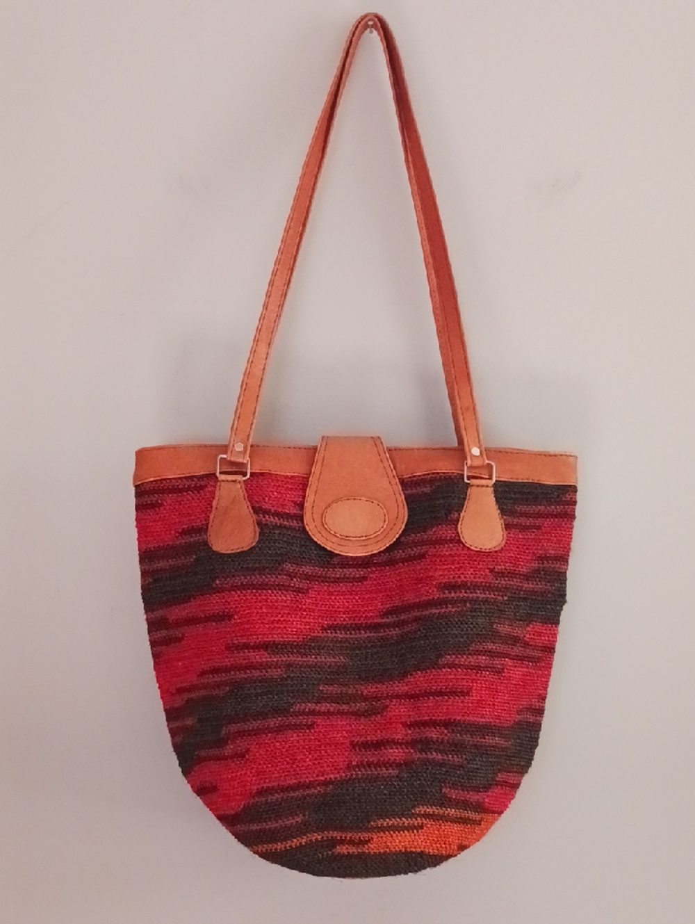 Woven Jute Sisal and Leather Bucket Shoulder Bag Red & Black